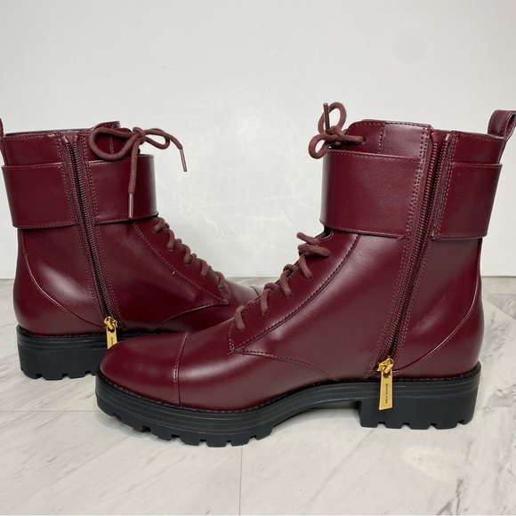 New! Michael Kors Tatum Maroon Faux Leather Lace Up Combat Boot 9M - Picture 6 of 14